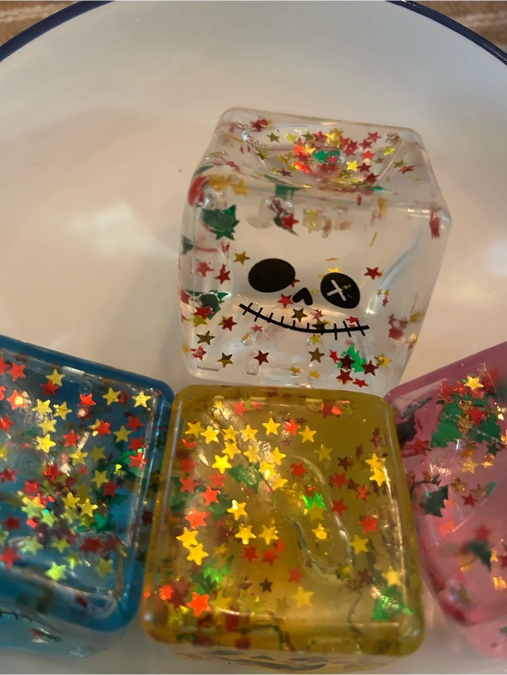 Festive Glitter Face Ice Cube Party Favors in Blue, Yellow, Pink, Clear